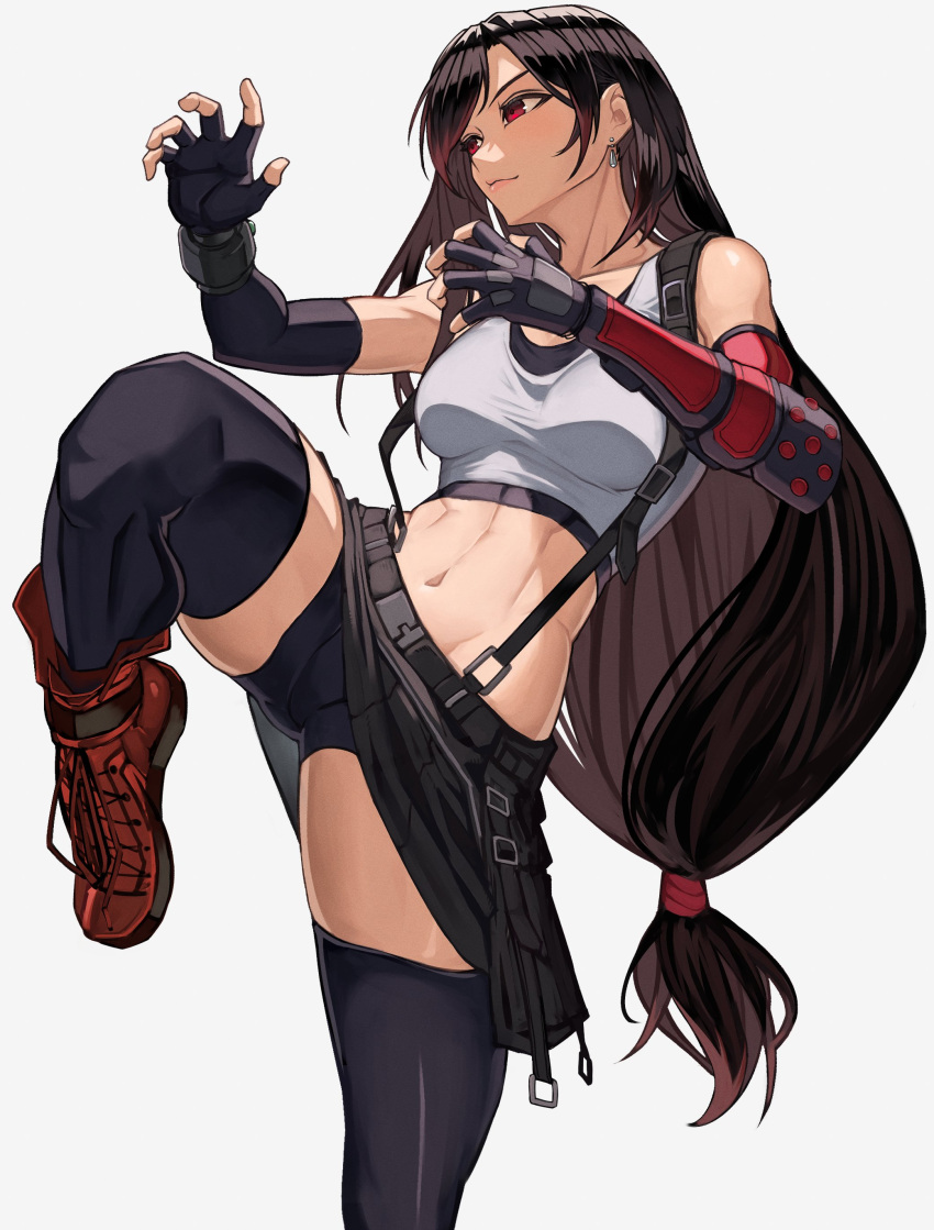 1girl absurdres arm_guards bike_shorts bike_shorts_under_skirt black_hair black_skirt black_thighhighs crop_top elbow_gloves fighting_stance final_fantasy final_fantasy_vii final_fantasy_vii_remake fingerless_gloves gloves highres leg_up long_hair looking_to_the_side low-tied_long_hair red_footwear simple_background single_arm_guard skirt solo standing standing_on_one_leg suspenders temoc thighhighs tifa_lockhart