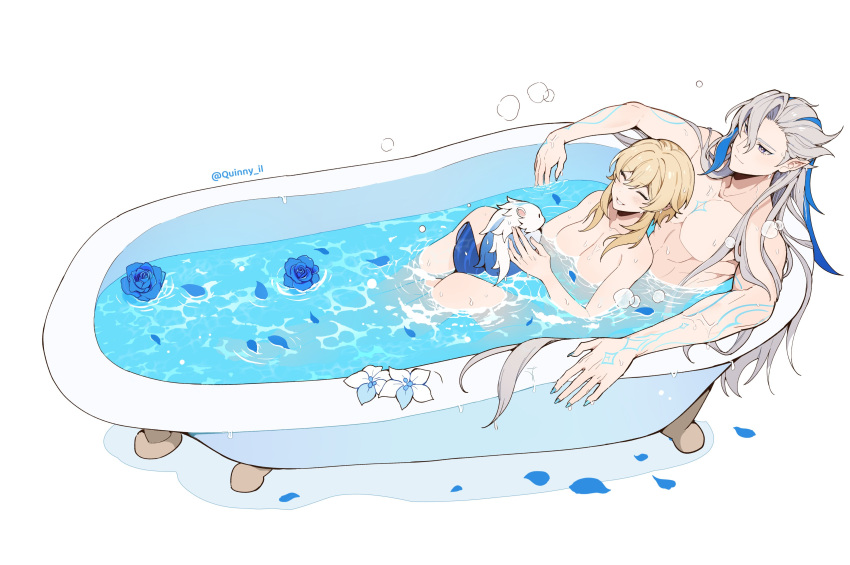 1boy 1girl absurdres animal bathing bathtub blonde_hair blue_flower blue_hair blue_rose breasts closed_eyes completely_nude english_commentary flower genshin_impact grey_hair hair_between_eyes hetero highres long_hair lumine_(genshin_impact) medium_breasts multicolored_hair nail_polish neuvillette_(genshin_impact) nude otter partially_submerged petals pointy_ears quinny_il rose short_hair_with_long_locks simple_background sitting toned toned_male twitter_username very_long_hair water wet white_background white_flower