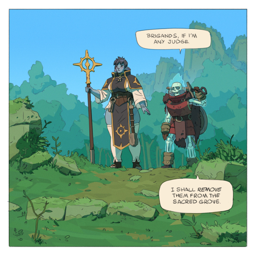 ambiguous_gender animated_skeleton anthro big_breasts bone breasts clothing comic duo english_text female firbolg firbolg_cleric_(saintmonstre) grass hi_res mountain outside plant saintmonstre skeleton sky sulfor_the_terrible_(saintmonstre) text undead wide_hips