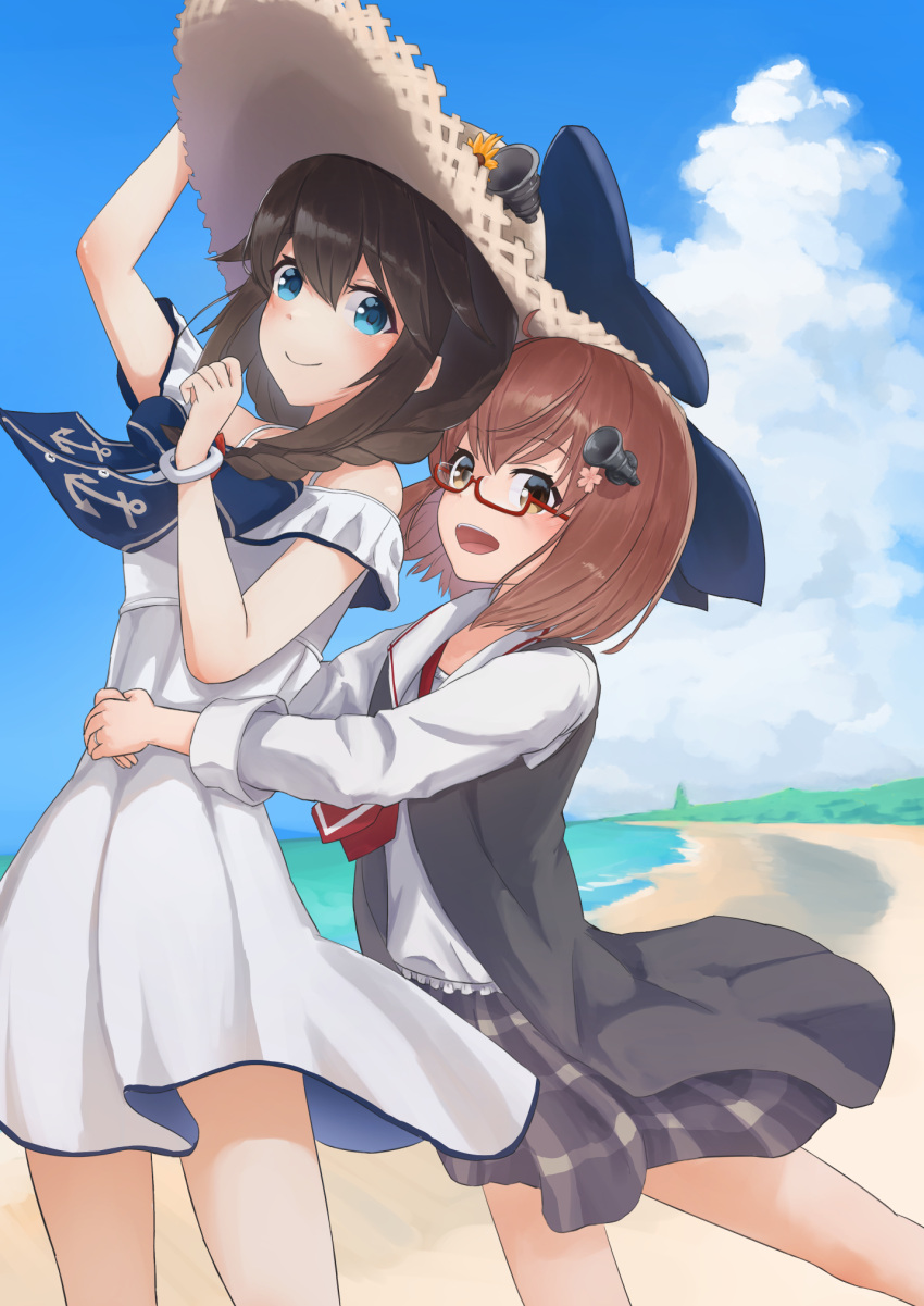 2girls ahoge beach bespectacled black_hair black_vest blue_bow blue_eyes blue_sky bow bracelet braid cloud collared_shirt cosplay costume_switch day dress dress_shirt glasses grey_skirt hair_flaps hair_over_shoulder hat highres horizon hug hug_from_behind jewelry kantai_collection long_hair multiple_girls necktie ocean open_mouth outdoors plaid plaid_skirt red-framed_eyewear red_necktie shigure_(kancolle) shigure_kai_ni_(kancolle) shigure_kai_ni_(kancolle)_(cosplay) shirt single_braid skirt sky smile straw_hat sundress vest white_dress white_headwear white_shirt yuki_4040 yukikaze_(kancolle) yukikaze_(kancolle)_(cosplay)