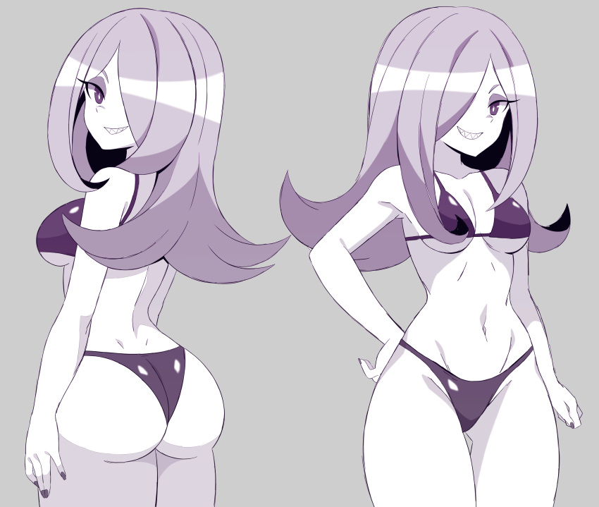 1girl absurdres abysswatchers ass bikini black_bikini breasts commission grey_background grin hair_over_one_eye highres little_witch_academia long_hair looking_at_viewer medium_breasts multiple_views navel pale_skin purple_eyes purple_hair purple_nails sharp_teeth simple_background smile stomach sucy_manbavaran swimsuit teeth wide_hips