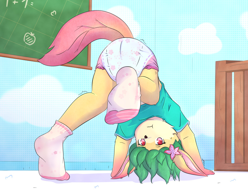 anthro clothed clothing diaper eeveelution female footwear generation_4_pokemon hair_down head_between_legs hi_res kemono leafeon linnea luce_bontemps nintendo nursery peek-a-boo pokemon pokemon_(species) pouting socks solo upside_down wearing_diaper