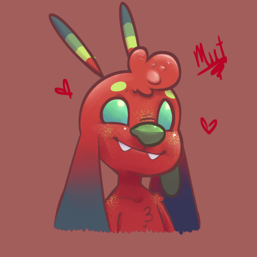 &lt;3 1:1 2023 alien ambiguous_gender antennae_(anatomy) bust_portrait chest_tuft cute_fangs digital_drawing_(artwork) digital_media_(artwork) disney experiment_(lilo_and_stitch) fan_character freckles fur green_eyes green_nose hi_res lilo_and_stitch long_ears louie_(mutekki) male_(lore) multicolored_antennae mutekki portrait red_background red_body red_fur semi-anthro signature simple_background smile solo tuft