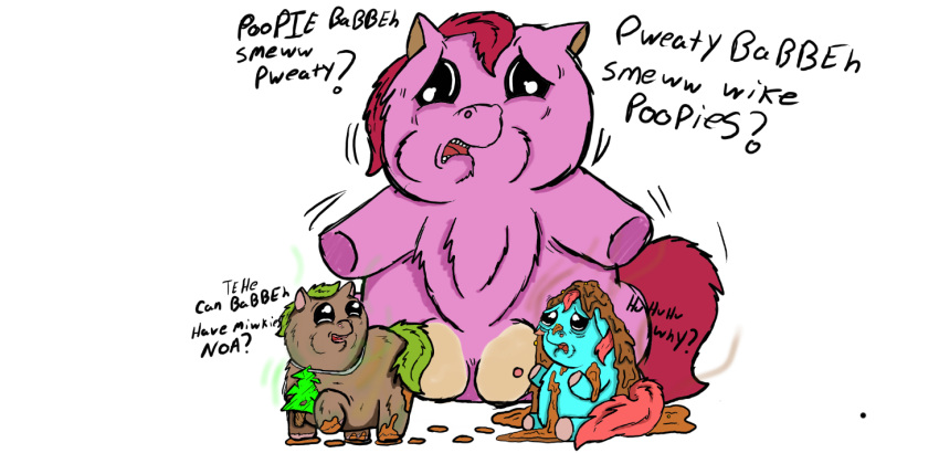 ambiguous_gender baby_talk blue_body blue_fur brown_body brown_fur carniviousduck dialogue english_text feces feces_everywhere feces_on_body feral fluffy_pony fluffy_pony_(species) fur green_hair group hair mammal mother_(lore) mother_and_child_(lore) parent_(lore) parent_and_child_(lore) red_hair sibling_(lore) simple_background teats text trio white_background