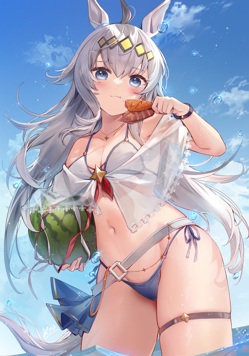 1girl animal_ears bikini blue_eyes blush closed_mouth collarbone commentary cowboy_shot day eating food food_on_face fruit grey_hair groin hair_between_eyes highres holding holding_food holding_fruit horse_ears horse_girl horse_tail ikayaki kita_(kitairoha) long_hair looking_at_viewer navel oguri_cap_(umamusume) outdoors side-tie_bikini_bottom signature solo swimsuit tail thigh_strap umamusume water water_drop watermelon white_bikini