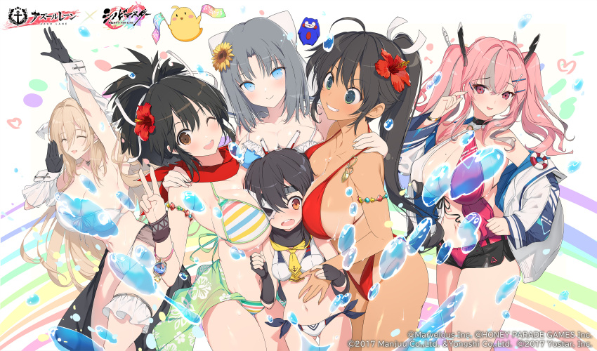 6+girls absurdres ahoge akatsuki_(azur_lane) arm_up armlet armpits asuka_(senran_kagura) azur_lane bare_shoulders between_breasts bikini bird black_gloves black_hair black_shorts blonde_hair blue_bikini blue_eyes blue_jacket blush bow bracelet breast_press breasts bremerton_(azur_lane) brown_eyes brown_hair choker cleavage closed_eyes closed_mouth collarbone company_name copyright copyright_name cowboy_shot dark-skinned_female dark_skin eyepatch fingerless_gloves flower frills gloves grey_hair grin hair_between_eyes hair_bow hair_flower hair_intakes hair_ornament hair_ribbon hairclip head_between_breasts heart height_difference hibiscus high_ponytail highres homura_(senran_kagura) hug huge_breasts implacable_(azur_lane) jacket jewelry large_breasts logo long_hair long_sleeves medium_hair mole mole_on_breast multicolored_clothes multicolored_hair multiple_girls navel necklace necktie off_shoulder official_art one-piece_swimsuit one_eye_closed open_clothes open_jacket open_mouth pink_eyes pink_hair ponytail promotional_art rainbow red_bikini red_eyes red_flower red_scarf ribbon scarf senran_kagura senran_kagura_new_link short_shorts shorts sidelocks smile standing streaked_hair striped striped_bikini sunflower swimsuit teeth thigh_strap thighs twintails two-tone_hair v very_long_hair water water_drop wet white_bikini white_bow white_jacket white_ribbon x_hair_ornament yaegashi_nan yellow_bikini yumi_(senran_kagura)