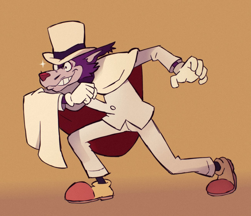 2023 anthro bottomwear canid canine canis cape clothed clothing evil_grin facial_hair footwear fur gloves grin handwear hat headgear headwear male mammal monochrome moriarty_(sherlock_hound) mustache pants pose purple_body purple_fur rollinrabbit sherlock_hound_(series) shoes smile solo sparkles suit top_hat wolf