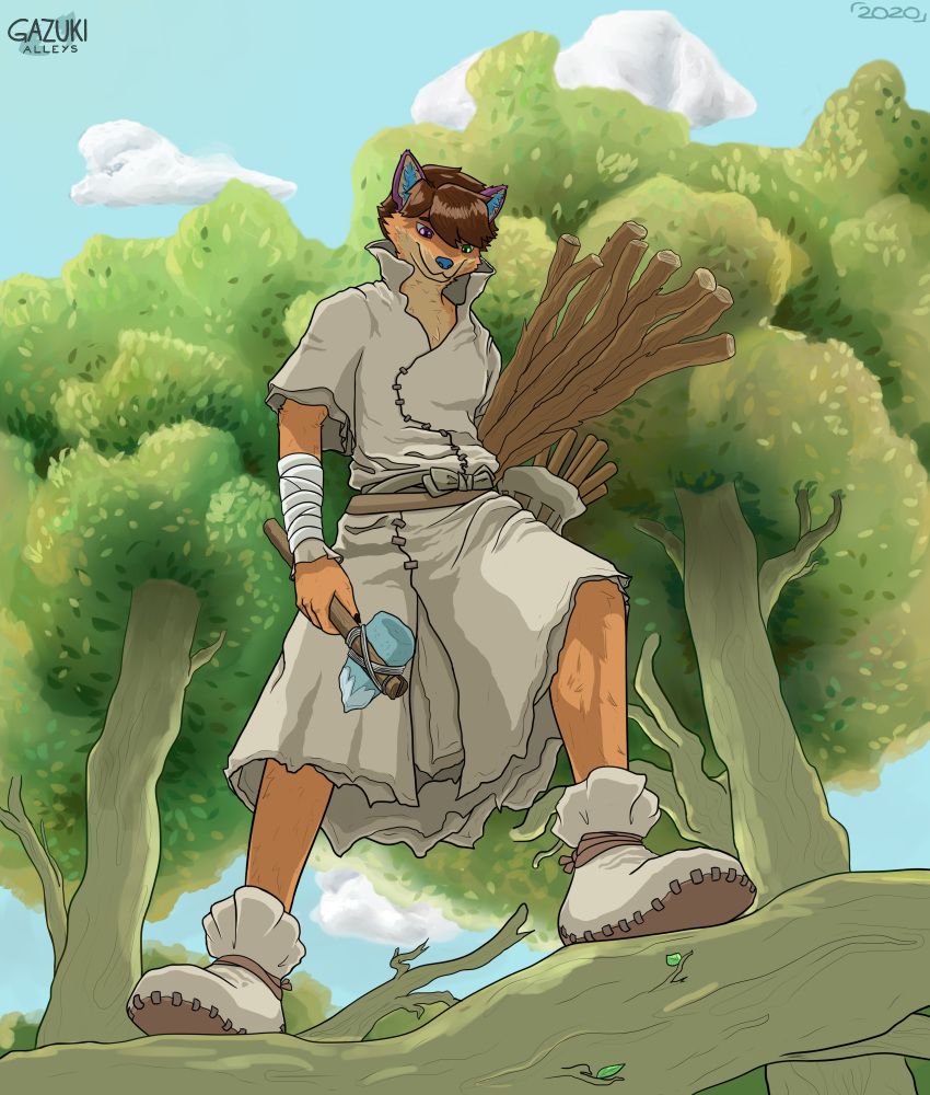 animal_humanoid anthro canid canid_humanoid canine canine_humanoid canis claws clothing cosplay coyote detailed_background digital_media_(artwork) dr._stone fan_character fur gazuki hair hi_res humanoid male mammal mammal_humanoid outside plant pose scenery senku_ishigami sky smile solo tree wallpaper wood