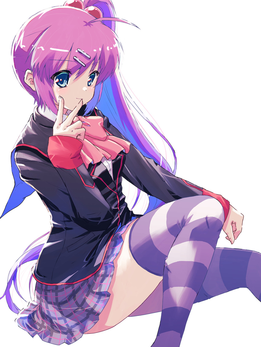 1girl akayama_yukihe black_jacket black_sailor_collar blazer blue_eyes bow grey_skirt hair_bobbles hair_ornament highres invisible_chair jacket little_busters! long_hair pink_bow plaid plaid_skirt pleated_skirt purple_hair saigusa_haruka sailor_collar school_swimsuit school_uniform side_ponytail sitting skirt solo striped striped_thighhighs swimsuit thighhighs white_background