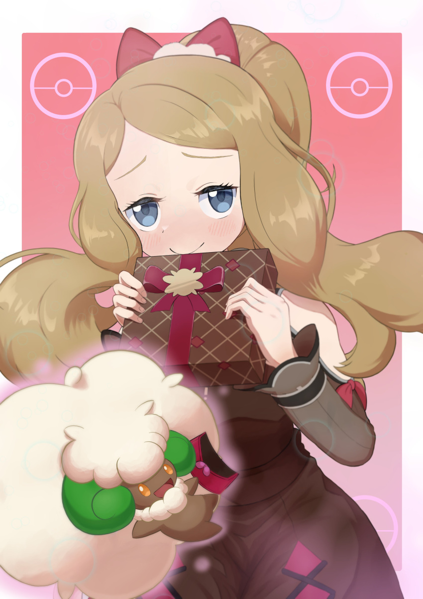 1girl absurdres blush box brown_dress cowboy_shot dosya_252 dress gift gift_box grey_eyes highres holding holding_letter letter light_brown_hair official_alternate_costume pokemon pokemon_(creature) pokemon_(game) pokemon_masters_ex serena_(palentine's_2021)_(pokemon) serena_(pokemon) smile solid_oval_eyes whimsicott yellow_eyes