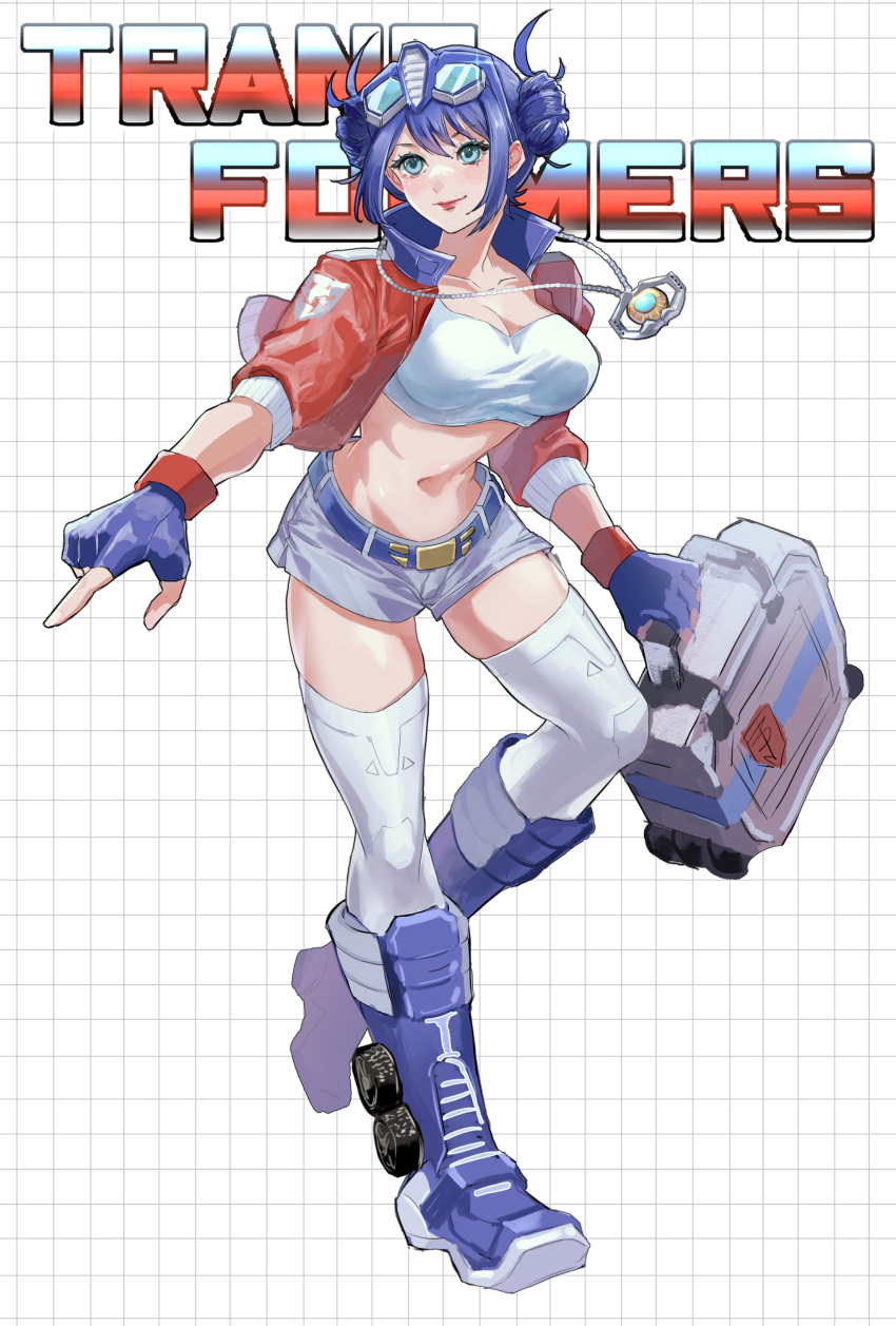 1girl absurdres belt blue_belt blue_eyes blue_footwear blue_hair boots breasts copyright_name double_bun eyewear_on_head glasses grey_shorts grid_background hair_behind_ear hair_bun highres holding holding_suitcase jewelry kotobukiya_bishoujo markka_ph matrix_of_leadership medium_breasts necklace optimus_prime optimus_prime_(kotobukiya_bishoujo) pointing red_lips shorts smile solo suitcase thighhighs transformers wheel white_thighhighs