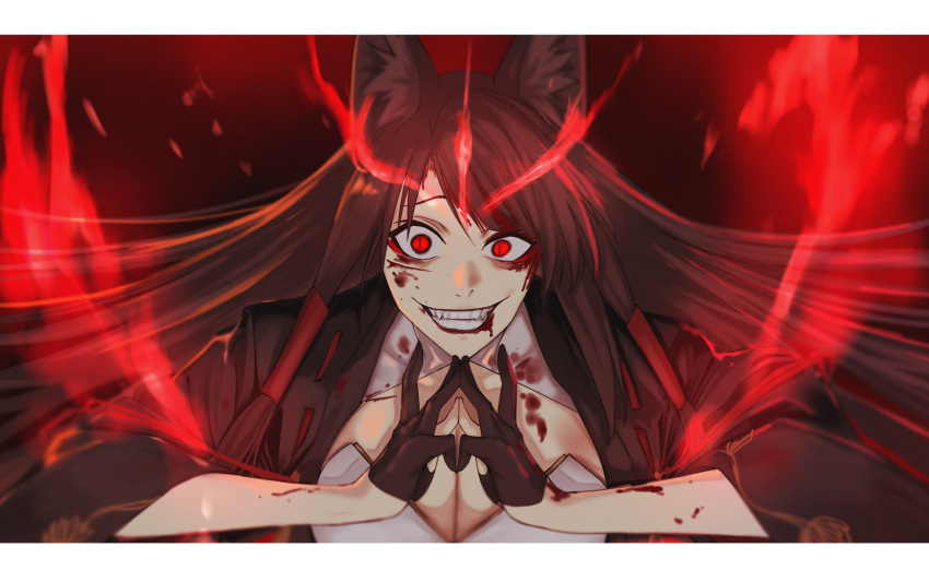 1girl absurdres akagi_(azur_lane) akizuki_(17769498) animal_ears azur_lane black_gloves black_kimono blood blood_on_breasts blood_on_chest blood_on_clothes blood_on_face blood_stain breasts brown_hair cleavage cleavage_cutout clenched_teeth clothing_cutout crazy_eyes crazy_smile eyeshadow fangs fire fox_ears fox_girl gloves glowing glowing_eyes grin hair_ornament hair_over_one_eye hairclip hands_up highres japanese_clothes kimono kuji-in large_breasts long_hair looking_at_viewer makeup own_hands_together print_kimono red_eyes red_eyeshadow slit_pupils smile solo teeth upper_body very_long_hair wide-eyed