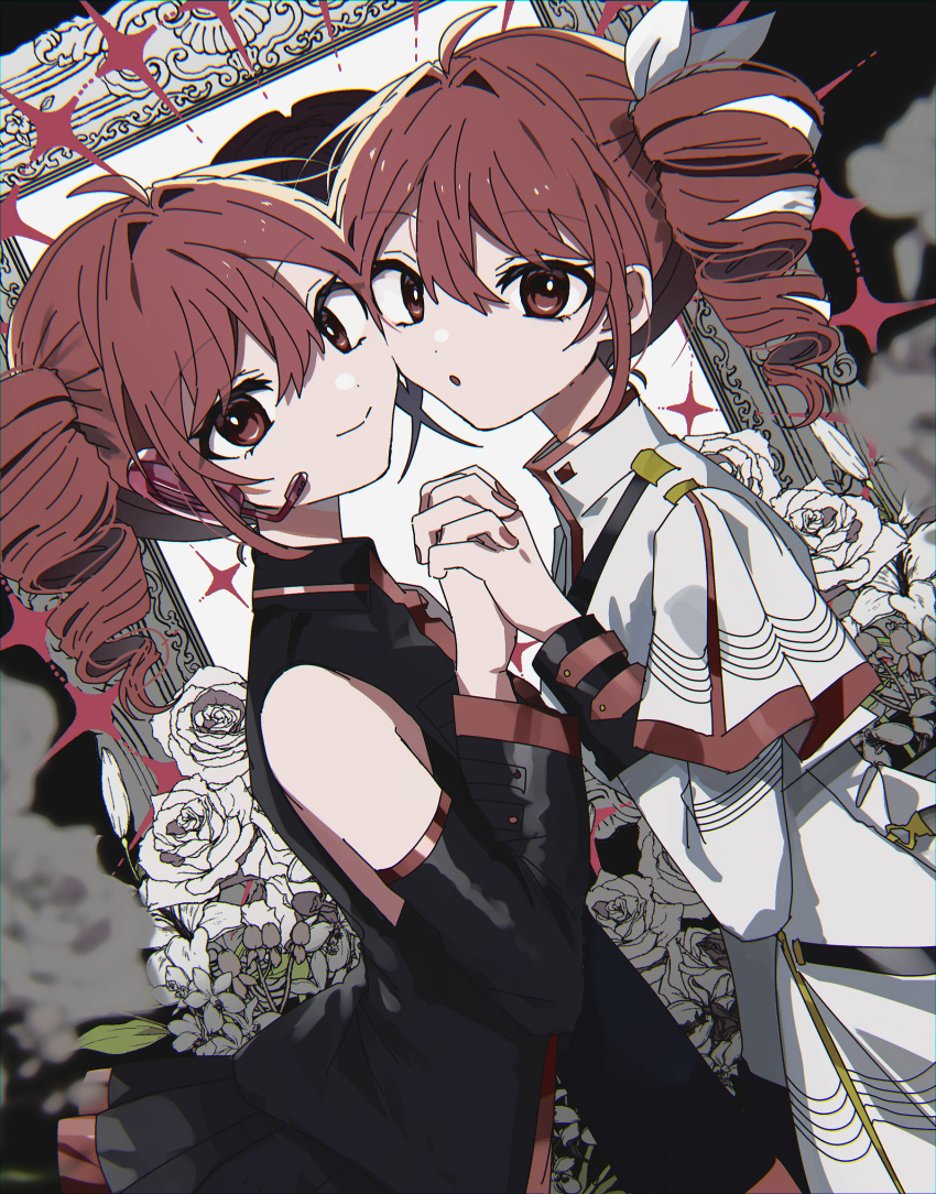 2girls :o ahoge bare_shoulders black_shirt black_skirt blurry blurry_foreground bow bright_pupils cheek-to-cheek closed_mouth collared_shirt commentary cowboy_shot danjou_sora detached_sleeves drill_hair dual_persona dutch_angle epaulettes flower from_side hair_bow hand_up headphones heads_together high_collar highres holding_hands interlocked_fingers kasane_teto kasane_teto_(sv) long_sleeves looking_at_viewer looking_to_the_side microphone multiple_girls open_mouth pleated_skirt red_eyes red_hair red_nails rose shirt shoulder_strap skirt sleeve_cuffs sleeveless sleeveless_shirt smile sparkle synthesizer_v twin_drills utau white_bow white_flower white_pupils white_rose white_shirt white_skirt