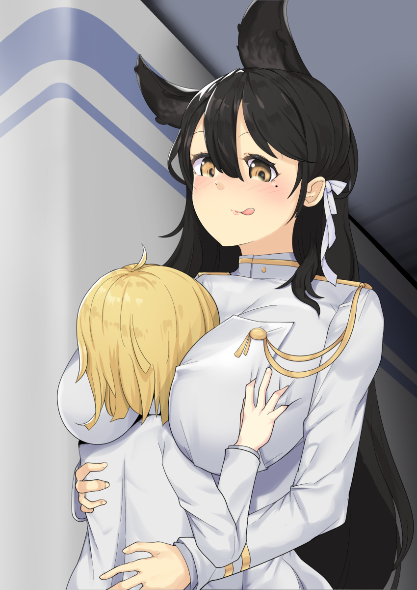age_difference amidori animal_ears atago_(azur_lane) azur_lane black_hair blonde_hair blush breast_smother breasts come_hither commander_(azur_lane) face_to_breasts femdom hair_ribbon highres hug huge_breasts little_boy_commander_(azur_lane) long_hair military_uniform onee-shota ribbon tongue tongue_out uniform