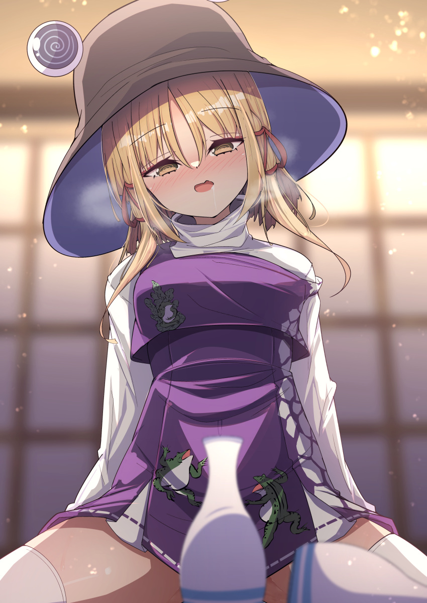 1girl :o @_@ absurdres animal_print blonde_hair blurry blurry_background blush breasts brown_headwear commentary_request darumoon drooling frog_print hair_ornament hair_ribbon half-closed_eyes hat head_tilt heavy_breathing highres indoors looking_down medium_breasts medium_hair moriya_suwako nose_blush off_shoulder open_mouth parted_bangs purple_skirt purple_vest pyonta red_ribbon ribbon saliva shirt skirt skirt_set solo spread_legs thighhighs tokkuri touhou turtleneck vest wavy_mouth white_shirt white_thighhighs yellow_eyes