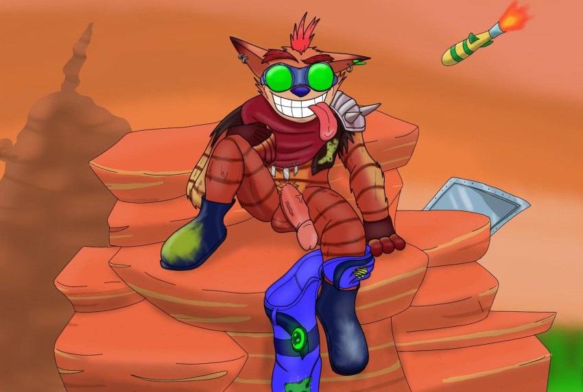 activision anthro assassinfenrir balls bandicoot belt belt_buckle blue_bottomwear blue_clothing blue_nose blue_pants boots bottomwear bottomwear_around_one_leg bottomwear_down clothed clothing clothing_around_one_leg colored countershading crash_bandicoot crash_bandicoot_(series) crash_team_racing_(series) crash_team_racing_nitro-fueled detailed_background digital_media_(artwork) ear_piercing eyebrows eyewear fingerless_gloves fingers footwear fur genitals gloves goggles green_eyewear green_glow green_goggles grin grinning_at_viewer handwear hi_res humanoid_genitalia humanoid_penis jacket looking_at_viewer male mammal marsupial missile mohawk monotreme orange_background orange_body orange_fur pants pants_around_one_leg pants_down partially_clothed penis piercing pink_penis rock scarf shaded shoulder_guard simple_background skull_accessory smile smoke_cloud solo spikes stripes thick_eyebrows tongue tongue_out topwear