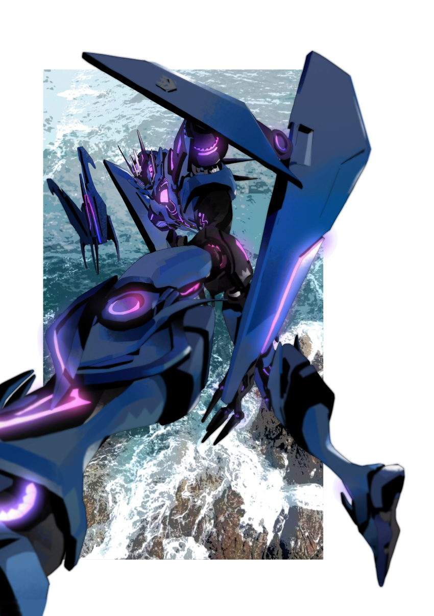 absurdres assault_visor border bu_li_(time46397328) decepticon flying highres looking_at_viewer mecha no_humans ocean outside_border robot science_fiction solo soundwave_(transformers) transformers transformers_prime v-fin water weapon white_border