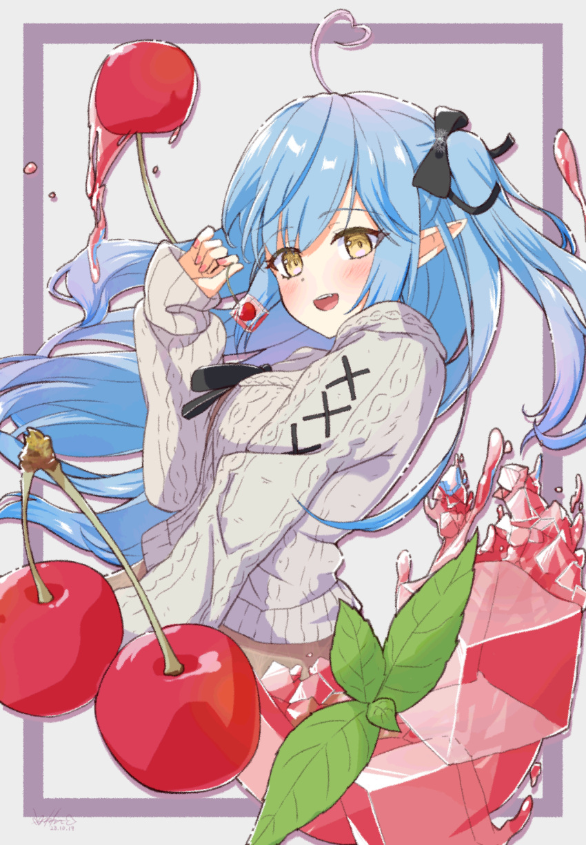 1girl ahoge babinch black_ribbon blue_hair blush border breasts cable_knit cardigan cherry commentary_request cropped_torso food fruit grey_cardigan hair_ribbon hand_up heart heart_ahoge highres hololive ice ice_cube large_breasts long_hair long_sleeves looking_at_viewer nail_polish official_alternate_costume official_alternate_hairstyle open_mouth pink_nails pointy_ears ribbon sleeves_past_wrists smile solo two_side_up upper_body very_long_hair virtual_youtuber yellow_eyes yukihana_lamy yukihana_lamy_(3rd_costume)