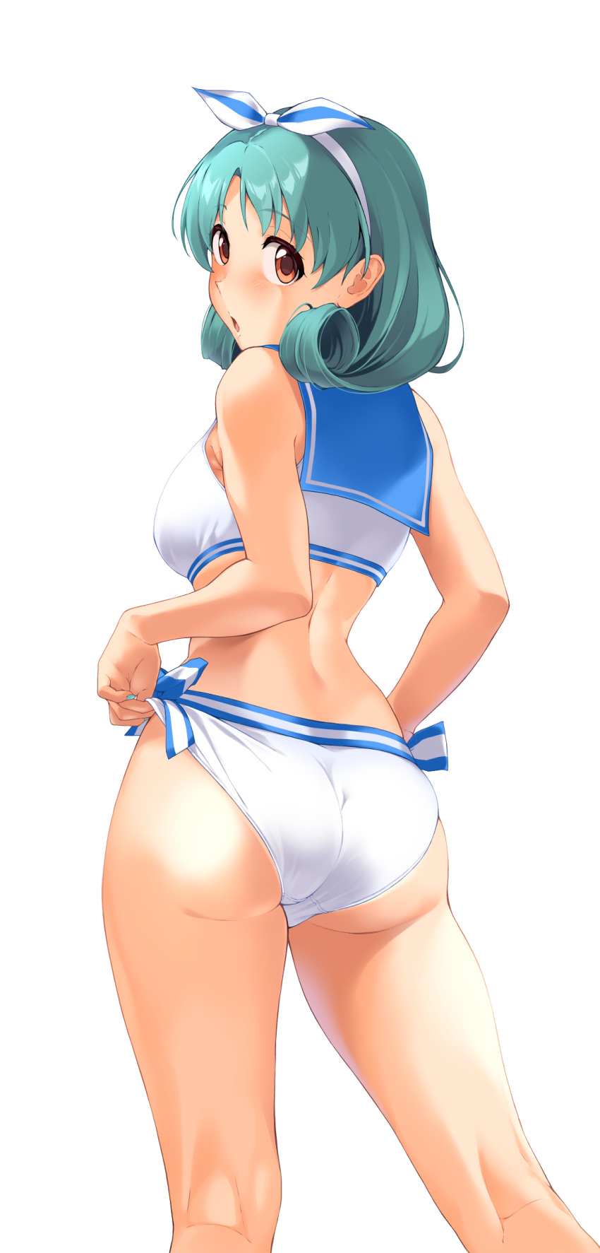 1girl absurdres ahoge ass back bare_shoulders bikini bikini_pull blue_hair blue_sailor_collar blush bow breasts brown_eyes clothes_pull cowboy_shot from_behind green_hair hairband highres idolmaster idolmaster_million_live! kneepits looking_at_viewer looking_back medium_breasts nishi_(count2.4) open_mouth pulled_by_self sailor_bikini sailor_collar sailor_swimsuit_(idolmaster) simple_background standing swimsuit thighs tokugawa_matsuri white_background white_bikini