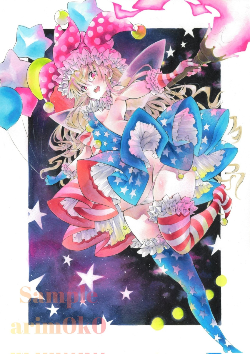 1girl adapted_costume arim0k0 armpits blonde_hair breasts clownpiece commentary_request foot_out_of_frame frills from_below gloves hat highres holding holding_torch jester_cap knees_together_feet_apart long_hair medium_breasts petticoat pink_eyes polka_dot sample_watermark sideboob solo standing standing_on_one_leg star_(symbol) thighhighs torch touhou very_long_hair