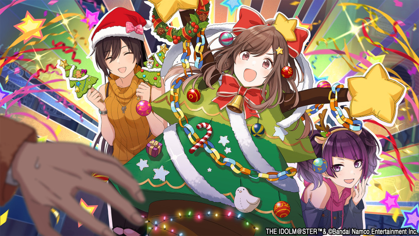 3girls :d \o/ ^_^ animal_ears antlers arms_up bare_shoulders bell black_pants blunt_bangs bow bowtie brown_eyes brown_hair candy christmas christmas_lights christmas_ornaments christmas_tree christmas_tree_costume christmas_wreath closed_eyes clothing_cutout commentary_request confetti covering_mouth deer_ears diagonal_bangs emphasis_lines food game_cg garland_(decoration) hair_bow hand_over_own_mouth hat highres holding hood hoodie idolmaster idolmaster_shiny_colors long_hair long_sleeves multiple_girls nail_polish neck_bell official_art open_mouth orange_sweater outstretched_arms pants ponytail purple_eyes purple_hair purple_nails red_bow red_bowtie reindeer_antlers ribbed_sweater santa_hat shirase_sakuya short_twintails shoulder_cutout sidelocks sleeveless smile sparkle star_(symbol) streamers sweater tanaka_mamimi tsukioka_kogane twintails v-shaped_eyebrows wreath