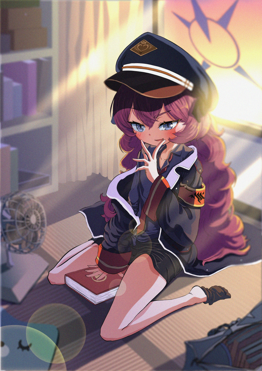 1girl :d absurdres aghanseonmul armband black_coat blue_archive blurry book bookshelf bow coat collared_shirt commentary_request curtains depth_of_field electric_fan grey_eyes hair_between_eyes hair_bow hair_ribbon halo hat highres indoors iroha_(blue_archive) long_hair long_sleeves looking_at_viewer necktie open_clothes open_coat peaked_cap pencil_skirt pleated_skirt red_hair ribbon school_uniform shirt sidelocks sitting skirt smile solo sunlight tatami wariza wavy_hair window