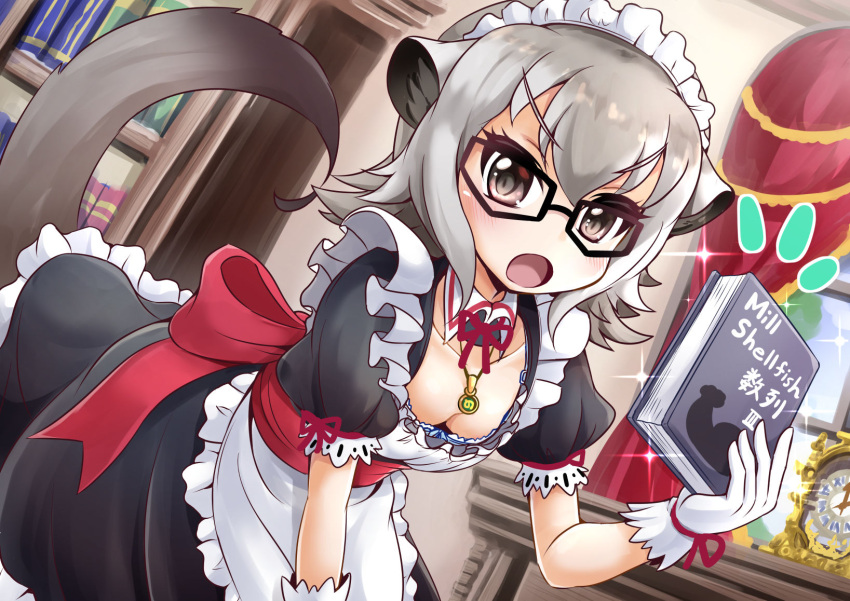 1girl alternate_costume animal_ears apron black_dress blush book breasts cleavage clock dress enmaided extra_ears frilled_apron frilled_dress frills glasses gloves grey_hair highres holding holding_book juliet_sleeves kemono_friends kemono_friends_3 long_sleeves looking_at_viewer maid maid_apron maid_headdress meerkat_(kemono_friends) meerkat_ears meerkat_tail multicolored_hair open_mouth puffy_short_sleeves puffy_sleeves sekiguchi_miiru short_hair short_sleeves small_breasts solo tail two-tone_hair waist_apron white_apron white_hair