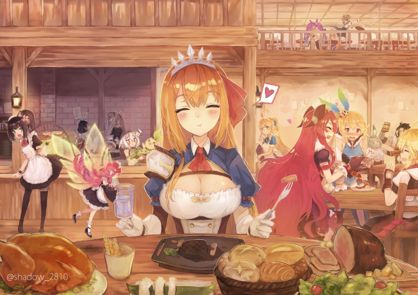 6+girls ahoge anger_vein animal_ears apron ascot basket black_hair blonde_hair blush bow bread_bun breasts brown_hair carrot cat_ears cat_girl character_request chest_strap chicken_(food) cleavage cleo_(dragalia_lost) closed_eyes collared_shirt commentary cup detached_sleeves dragalia_lost eating elbow_gloves elisanne fairy fairy_wings fingerless_gloves food fork gloves green_eyes hair_bow heart holding holding_fork holding_tray horns indoors kokkoro_(princess_connect!) lantern large_breasts long_hair maid_headdress meat minigirl multiple_girls mym_(dragalia_lost) neck_ribbon nose_blush notte_(dragalia_lost) onigiri open_mouth orange_hair pecorine_(princess_connect!) pink_hair plate pointy_ears ponytail princess_connect! puffy_short_sleeves puffy_sleeves purple_hair red_eyes red_hair restaurant ribbon salad shadow2810 shirt short_hair short_sleeves sitting sleeveless sleeveless_shirt smile socks solo_focus speech_bubble spoken_heart steak table tavern thighhighs tiara tray tripping twintails underbust very_long_hair waitress white_hair wings wrist_cuffs