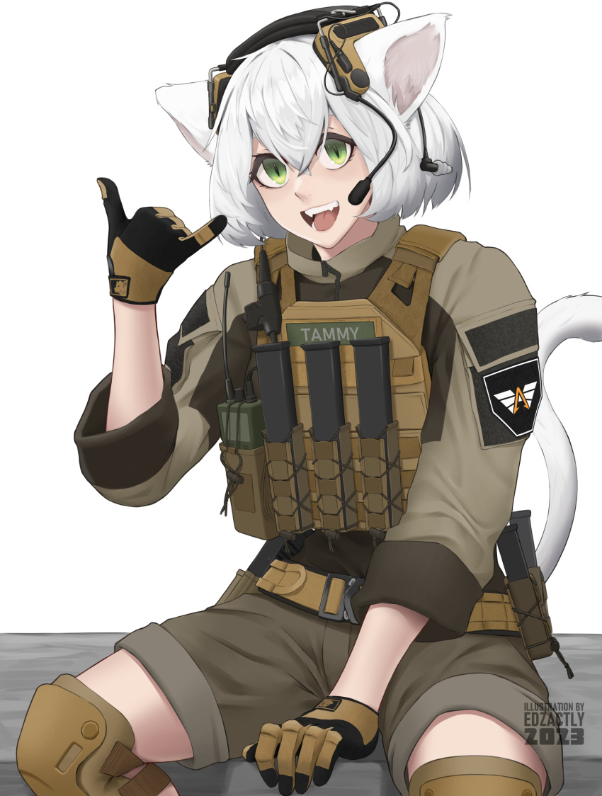 1girl animal_ears artist_name cat_ears cat_girl cat_tail chest_rig commentary cowboy_shot crossed_bangs dated dated_commentary edzactly english_commentary fangs gloves headset highres jacket knee_pads legs_apart load_bearing_vest looking_at_viewer magazine_(weapon) open_mouth original pants plate_carrier radio short_hair shoulder_patches sidelocks signature simple_background sitting slit_pupils tactical_clothes tail tammy_(edz) white_background white_hair