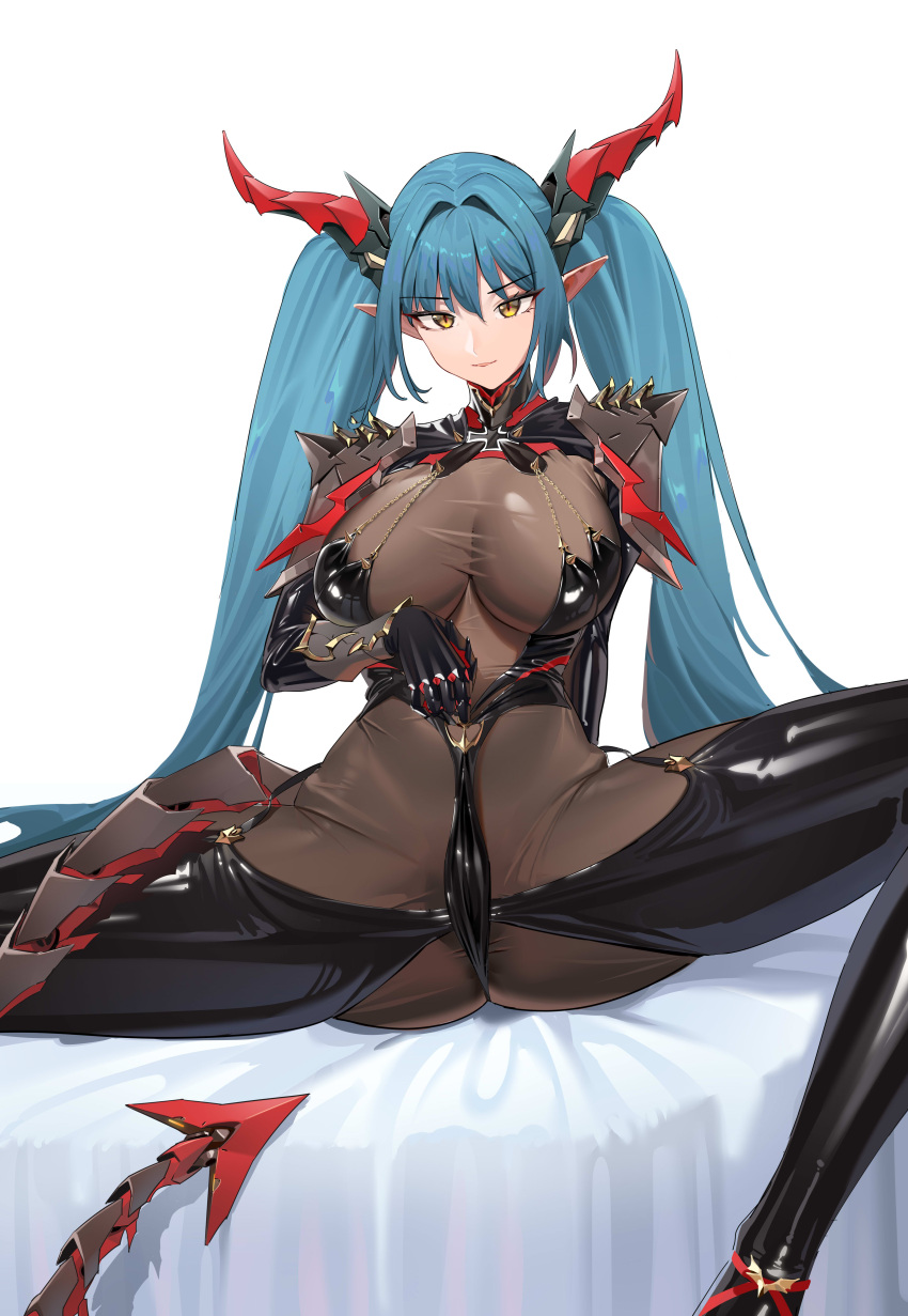 absurdres azur_lane black_leotard bodystocking breasts cleavage cross doufu_(pixiv9093484) dragon_girl dragon_horns dragon_tail green_eyes halter_leotard halterneck highres horns iron_cross leotard long_hair mechanical_horns mechanical_tail pink_hair pointy_ears regensburg_(azur_lane) revealing_clothes sitting spread_legs tail taut_clothes twintails
