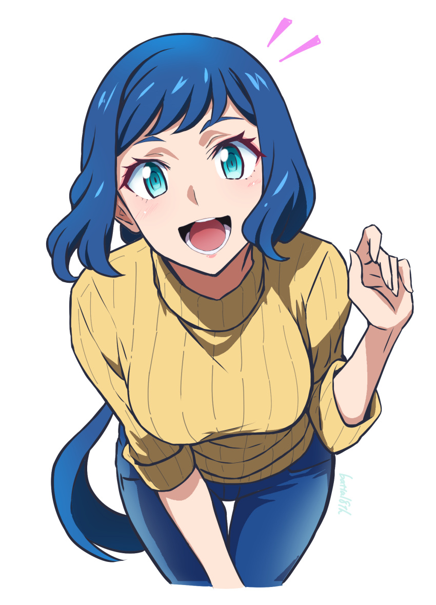 1girl :d aqua_eyes batta_16-sei blue_hair blue_pants blush breasts commentary cowboy_shot denim gundam gundam_build_fighters happy highres iori_rinko jeans leaning_forward long_hair looking_at_viewer low_ponytail mature_female medium_breasts open_mouth pants ribbed_sweater signature simple_background smile solo standing sweater swept_bangs teeth thigh_gap tongue turtleneck turtleneck_sweater white_background yellow_sweater