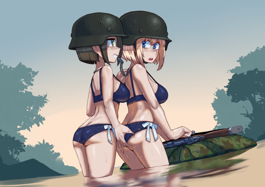 2girls ass_grab cowboy_shot erica_(naze1940) german_army grabbing_another's_ass groping gun helmet highres krista_(erica(naze1940)) leyna_koch military_helmet multiple_girls partially_submerged rifle stahlhelm weapon yuri