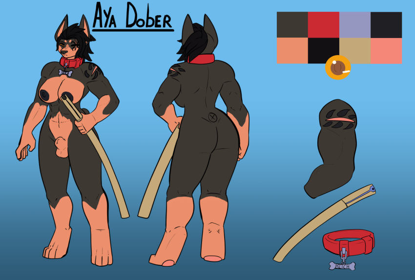 aya_dober(character) balls bear213 butt canid canine canis collar dobermann domestic_dog genitals gynomorph hi_res intersex mammal melee_weapon model_sheet muscular penis pinscher sword weapon