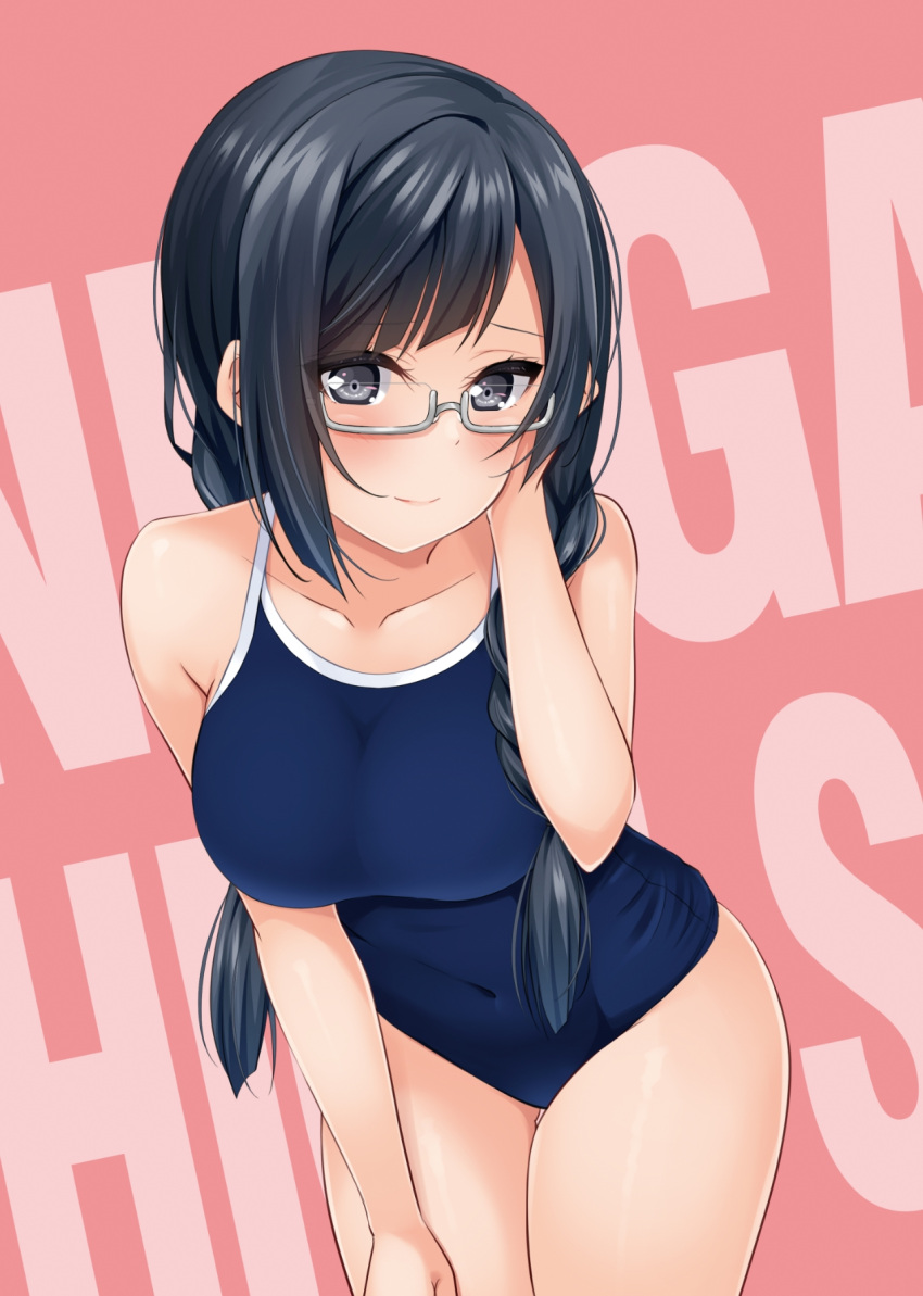 1girl background_text black_eyes black_hair blush braid breasts closed_mouth collarbone commentary competition_school_swimsuit covered_navel cowboy_shot hair_tucking hand_on_own_thigh highres hino_minato_(spec.c) large_breasts leaning_forward light_smile long_hair looking_at_viewer love_live! love_live!_nijigasaki_high_school_idol_club minato_az nakagawa_nana red_background school_swimsuit solo swimsuit tsurime twin_braids yuuki_setsuna_(love_live!)