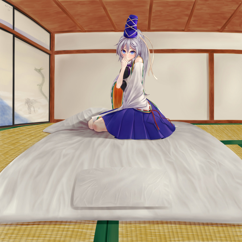 1girl absurdres blue_eyes blue_headwear blue_skirt closed_mouth commentary_request full_body grey_hair hat highres indoors long_hair looking_at_viewer mikotouca mononobe_no_futo pom_pom_(clothes) ponytail ribbon-trimmed_sleeves ribbon_trim sitting skirt smile solo tatami tate_eboshi touhou variant_set wide_shot