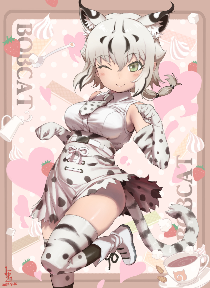 1girl ;) animal_ear_fluff animal_ears animal_print bare_shoulders belt black_hair blush_stickers bobcat_(kemono_friends) boots breasts character_name closed_mouth collared_shirt cup drink elbow_gloves extra_ears food foot_up fruit gloves grey_hair hair_between_eyes hands_up high-waist_skirt highres ito_yoki kemono_friends looking_at_viewer low_ponytail lynx_ears lynx_girl lynx_tail medium_breasts miniskirt multicolored_hair necktie one_eye_closed paw_pose print_gloves print_necktie print_skirt print_towel saucer shirt skindentation skirt sleeveless sleeveless_shirt smile solo standing standing_on_one_leg strawberry tail taut_clothes taut_shirt thighhighs towel two-tone_hair white_shirt wing_collar yellow_eyes zettai_ryouiki