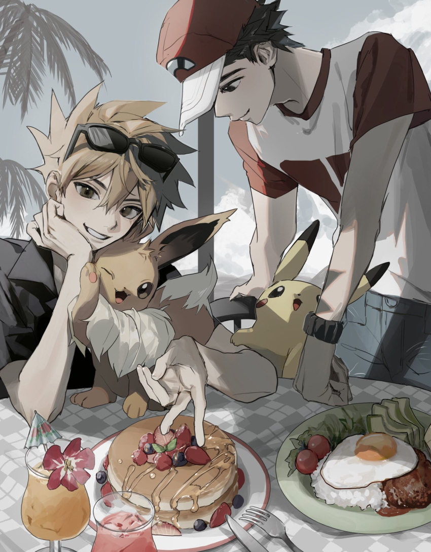 2boys black_hair blue_oak chair closed_mouth collared_shirt day eevee eyewear_on_head food fried_egg fruit glass grin hair_between_eyes hat head_rest highres looking_down male_focus meat multiple_boys outdoors palm_tree pancake pants pikachu plate pokemon pokemon_(game) pokemon_sm raglan_sleeves red_(pokemon) red_headwear rice sekaiitinoki shirt short_hair short_sleeves sky smile strawberry sunglasses teeth tomato tree