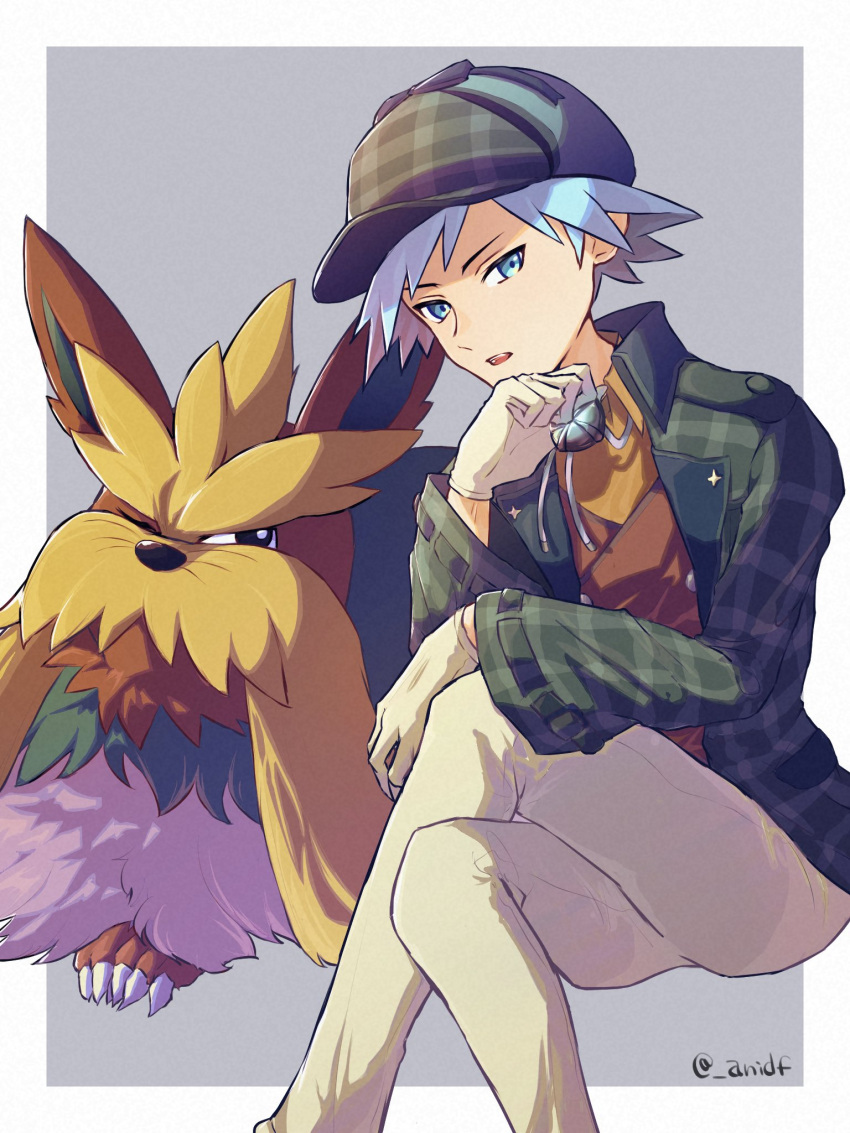 1boy alternate_costume anidf aqua_eyes border brown_vest buttons collared_jacket collared_shirt commentary_request crossed_legs gloves grey_background grey_ribbon hat highres invisible_chair jacket long_sleeves male_focus neck_ribbon official_alternate_costume open_mouth pants plaid plaid_headwear plaid_jacket pokemon pokemon_(creature) pokemon_(game) pokemon_masters_ex ribbon shirt short_hair sitting steven_stone steven_stone_(special_costume) stoutland twitter_username vest watermark white_border yellow_shirt