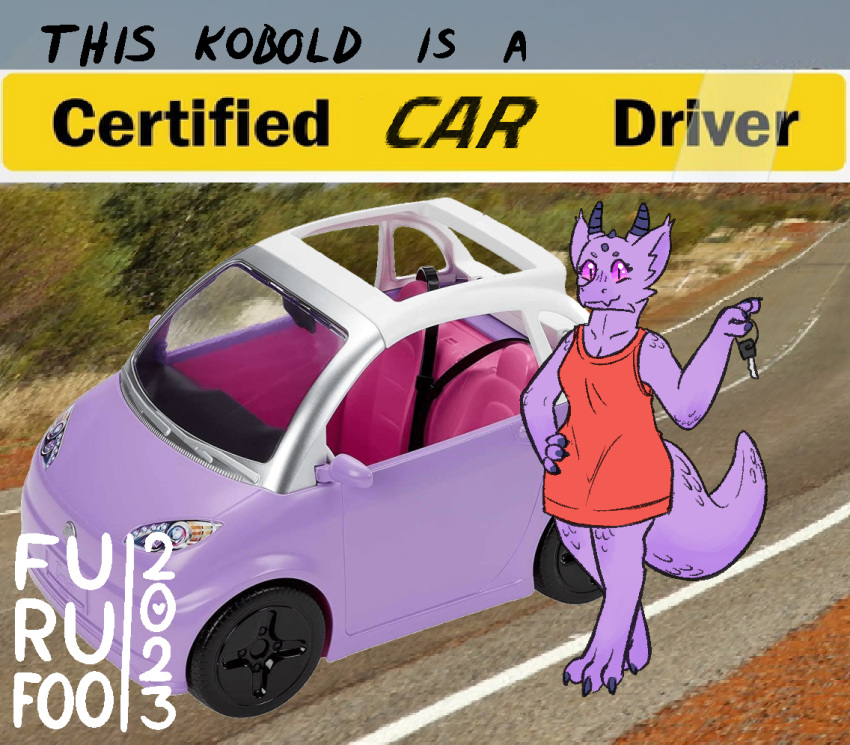anthro barbie_car car claws clothing collage convertible digitigrade dress female furufoo horn kobold meme purple scalie tail third-party_edit toy toy_car vehicle