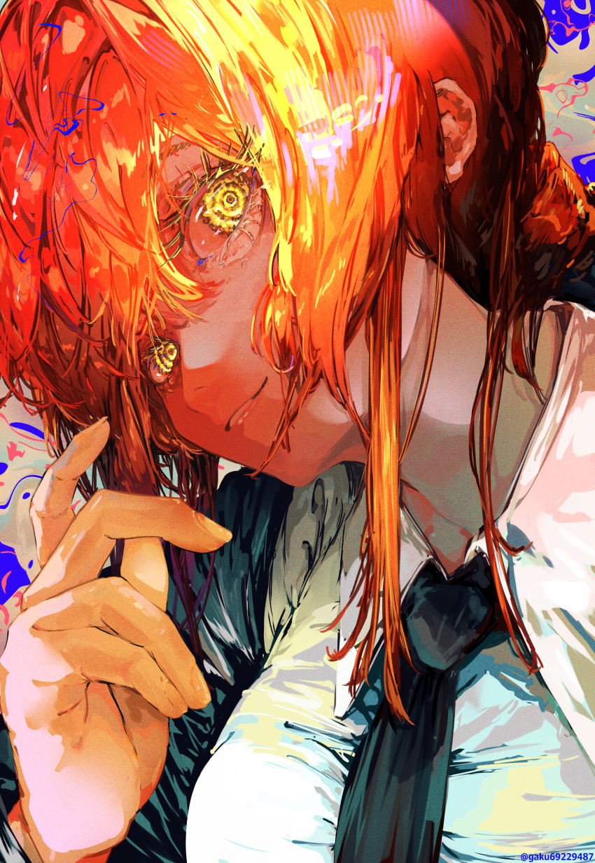 1girl absurdres black_jacket black_necktie braid braided_ponytail chainsaw_man collared_shirt formal gaku head_tilt highres jacket looking_at_viewer makima_(chainsaw_man) medium_hair necktie parted_lips red_hair ringed_eyes shirt sidelocks smile solo suit suit_jacket white_shirt yellow_eyes