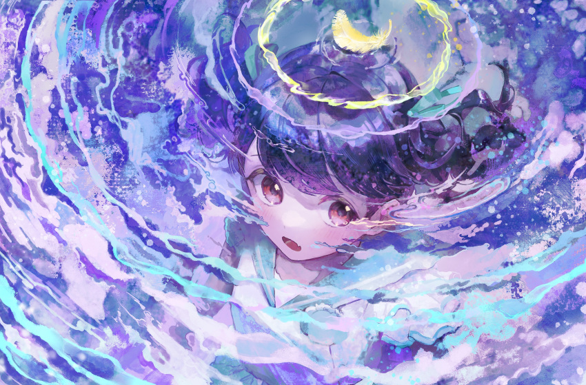 1girl black_hair blue_sailor_collar commentary_request fang feathers fukumaru_koito hai_bokusha highres idolmaster idolmaster_shiny_colors looking_at_viewer open_mouth purple_eyes ripples sailor_collar shirt skin_fang solo swept_bangs twintails underwater upper_body water white_shirt
