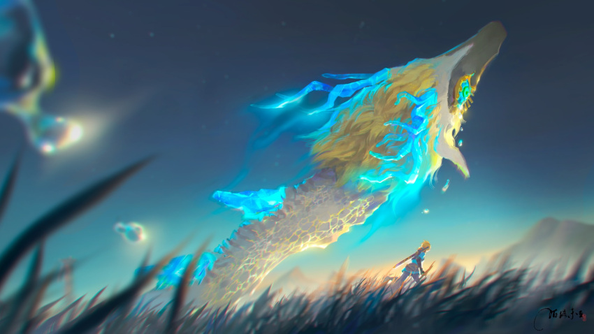 1boy animal_focus artist_name blonde_hair blue_jacket blue_sclera blue_sky blurry clear_sky colored_eyelashes colored_sclera crystal depth_of_field dragon facing_away fmorich glowing glowing_eyes grass green_eyes highres horns jacket light_dragon_(zelda) link mountain outdoors running scenery sky sword tears the_legend_of_zelda the_legend_of_zelda:_tears_of_the_kingdom water_drop weapon weapon_on_back wide_shot