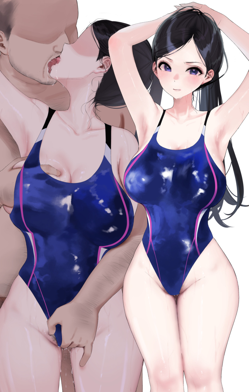 1boy 1girl armpits arms_up beard black_hair blue_one-piece_swimsuit blush breasts cleavage faceless faceless_male facial_hair female_pubic_hair fingering fingering_from_behind french_kiss grabbing grabbing_from_behind groin groping hetero highres kiss long_hair mirei one-piece_swimsuit original paid_reward_available ponytail pubic_hair pubic_hair_peek purple_eyes pussy_juice simple_background sweat swimsuit white_background