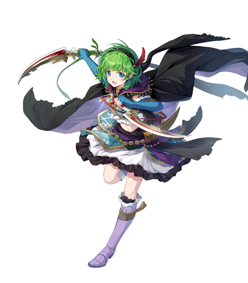 1girl black_cloak cloak dagger elbow_gloves fingerless_gloves fire_emblem fire_emblem:_the_blazing_blade fire_emblem_heroes frilled_skirt frills gloves green_hair highres knife midriff navel nino_(fang's_heart)_(fire_emblem) nino_(fire_emblem) non-web_source official_alternate_costume official_art purple_gloves purple_hair ringozaka_mariko skirt solo weapon