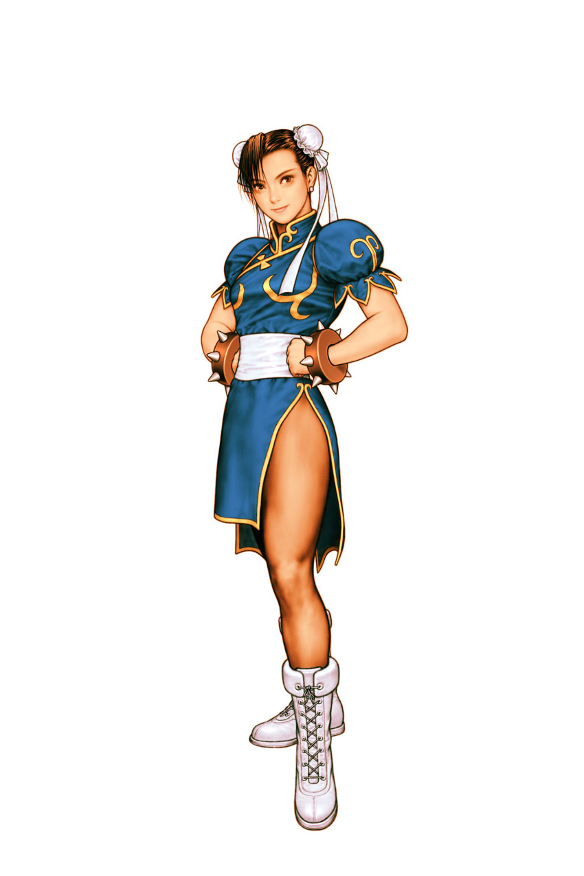 1girl boots bracelet breasts brown_eyes brown_hair bun_cover capcom_vs_snk china_dress chinese_clothes chun-li closed_mouth cross-laced_footwear double_bun dress earrings full_body gold_trim hair_bun hair_ornament hands_on_own_hips highres jewelry knee_boots lace-up_boots lips looking_at_viewer mori_toshiaki official_art pantyhose pelvic_curtain puffy_short_sleeves puffy_sleeves short_dress short_sleeves simple_background skin_tight small_breasts smile spiked_bracelet spikes standing street_fighter street_fighter_ii_(series) turtleneck white_background white_footwear