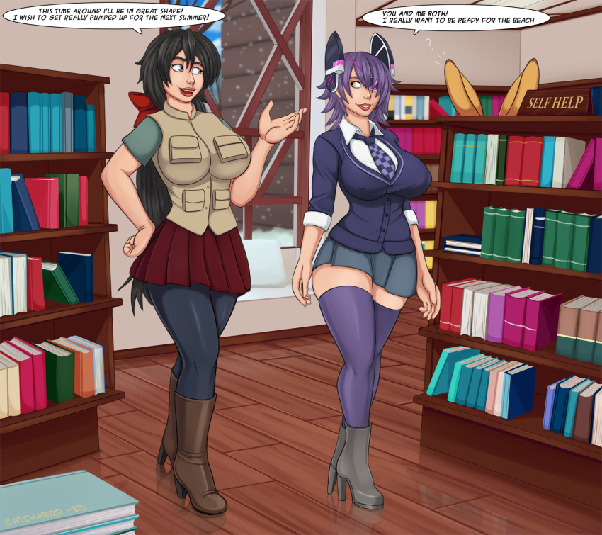 2023 5_fingers big_breasts black_hair bookshelf bottomwear breasts catchabird clothing dialogue duo english_text female fingers footwear furniture green_eyes hair hi_res high_heels human human_only inside mammal necktie nipple_outline not_furry purple_hair skirt smile snow text