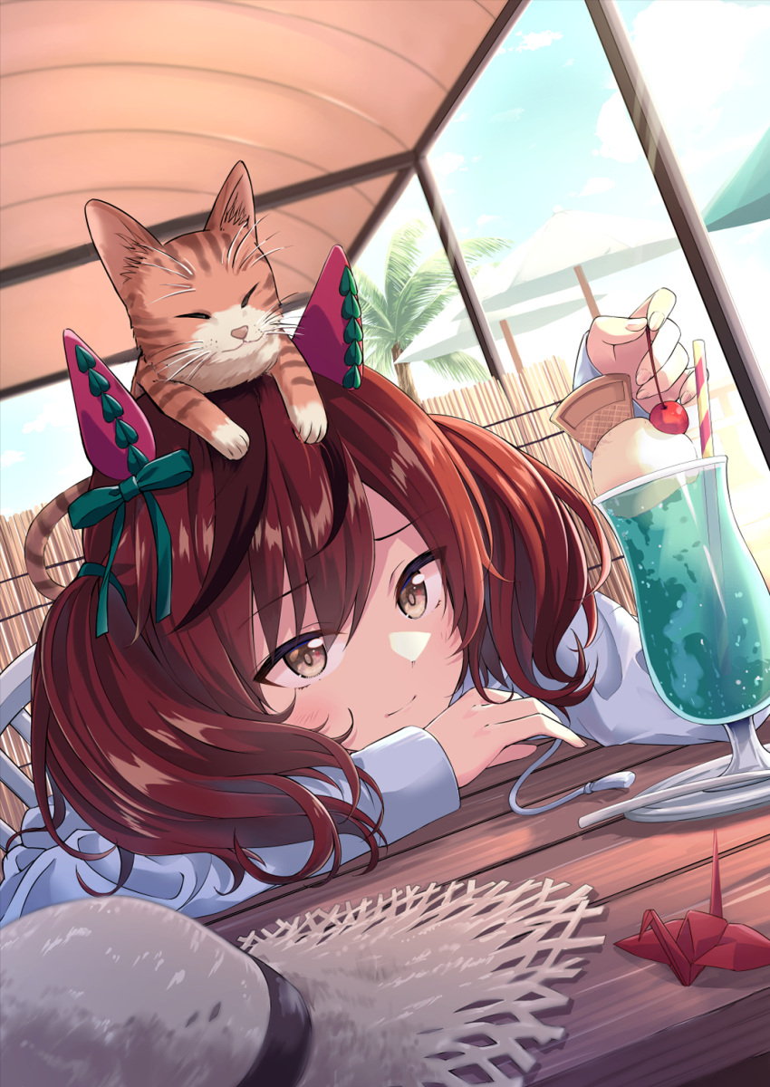 1girl animal animal_ears animal_on_head brown_eyes brown_hair cat cat_on_head commentary cream_soda ear_covers hat highres horse_ears horse_girl long_sleeves medium_hair mixed-language_commentary murasaki_himuro nice_nature_(umamusume) on_head red_hair solo straw_hat two_side_up umamusume