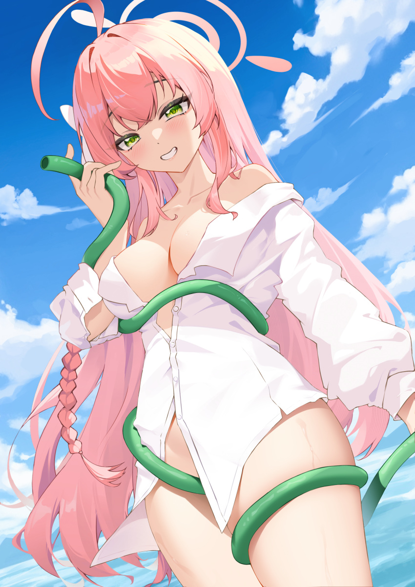 1girl absurdres ahoge blue_archive blue_sky blush braid breasts cleavage cloud cloudy_sky collarbone cowboy_shot day dot_nose green_eyes grin halo hanako_(blue_archive) hanako_(swimsuit)_(blue_archive) heiyizhushenxia highres holding holding_hose hose long_hair looking_at_viewer medium_breasts no_bra off_shoulder official_alternate_costume partially_unbuttoned pink_hair shirt side_braid single_braid sky smile solo teeth white_shirt