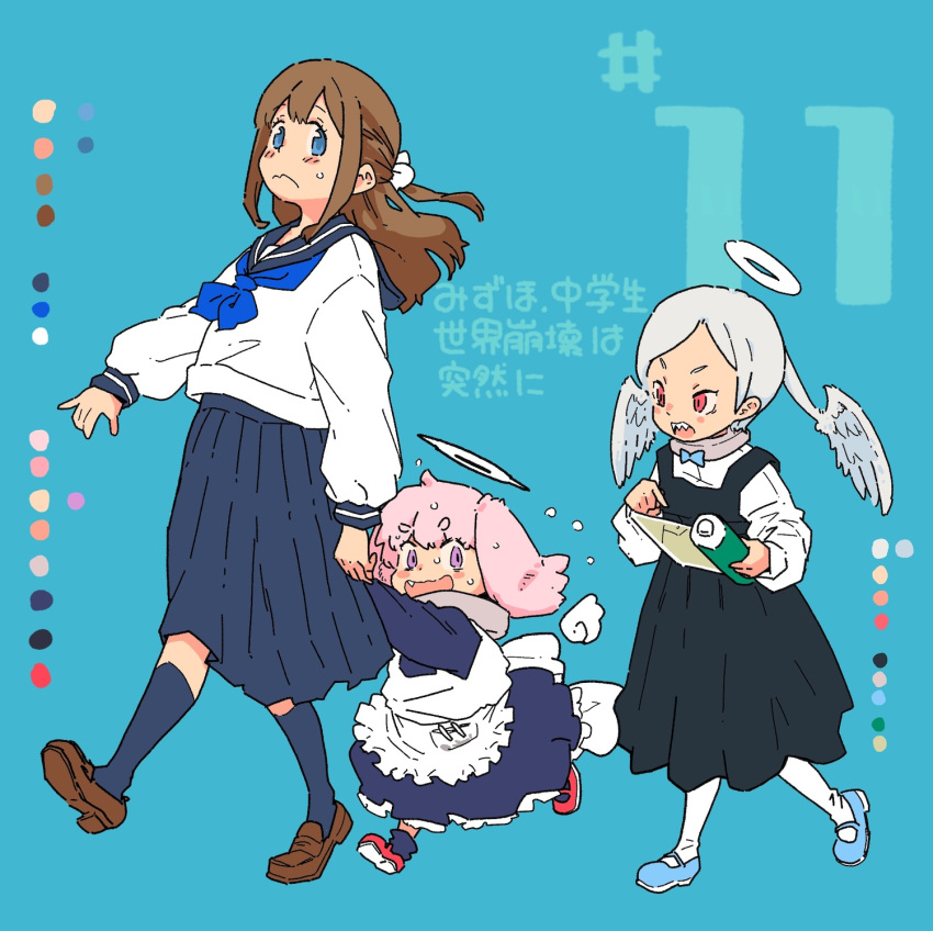 3girls angel_wings apron back_bow blue_background blue_eyes blue_footwear blue_neckerchief blue_shirt blue_socks bow bow_choker brown_footwear brown_hair choker color_guide comic_cover copyright_request dress flying_sweatdrops frilled_apron frilled_dress frills hair_ornament halo highres holding_hands karaagetarou long_hair long_sleeves looking_at_another multiple_girls neckerchief numbered open_mouth pink_hair pointing purple_eyes red_eyes red_footwear school_uniform serafuku sharp_teeth shirt shoes short_hair simple_background socks sweatdrop teeth translation_request white_shirt wings