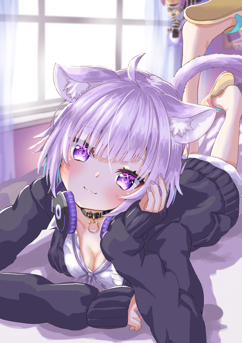 1girl :3 absurdres ahoge animal_ears blue_hair blush breasts cat_ears cat_girl cat_tail cleavage colored_inner_hair headphones headphones_around_neck highres hololive jacket large_breasts legs_up lingmu looking_at_viewer medium_hair multicolored_hair naked_shirt neck_ribbon nekomata_okayu nekomata_okayu_(4th_costume) official_alternate_costume onigirya_(nekomata_okayu) purple_eyes purple_hair purple_jacket purple_nails purple_ribbon ribbon shirt slippers smile solo tail virtual_youtuber white_shirt